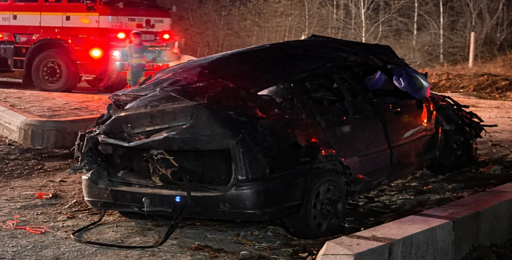 Osobák narazil do budovaného kruháku. Z havarovaného vozu zbyl jen vrak