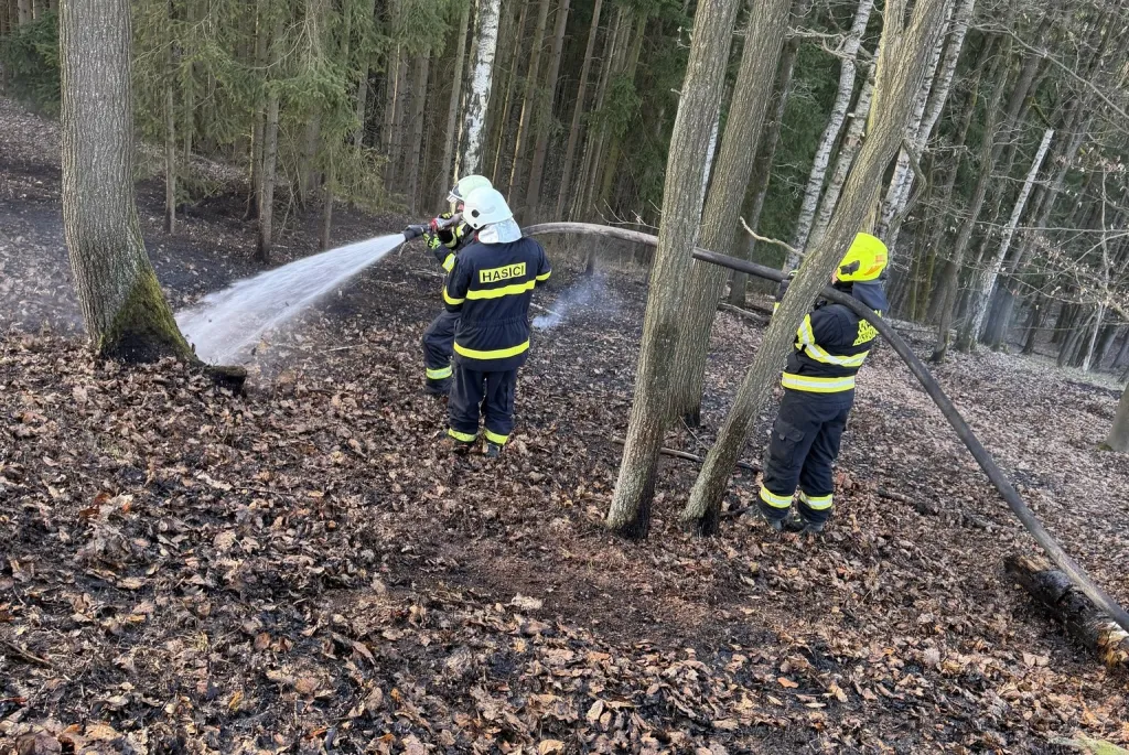 Plameny spolykaly mladé duby, zasahovat musel i vrtulník. Jeden hasič zkolaboval vyčerpáním.