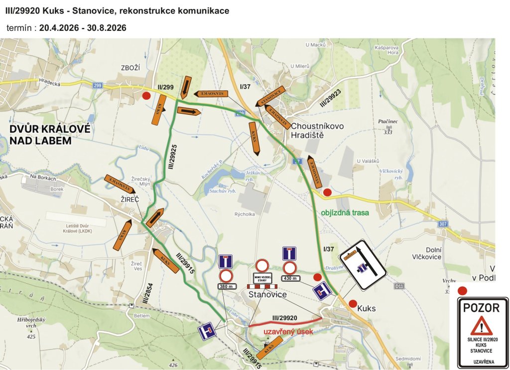 Rekonstrukce uzavře do srpna silnici mezi Kuksem a Stanovicemi
